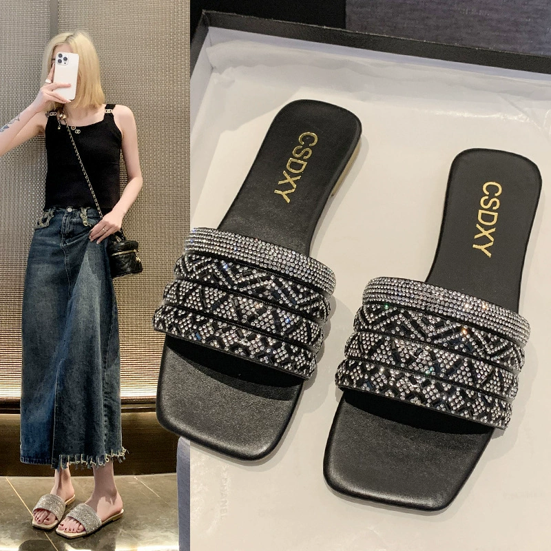 Тапочки женская летняя внешняя одежда оптом новый год фея ветра жемчуг стразы холодная мода дикая плоская буксировка