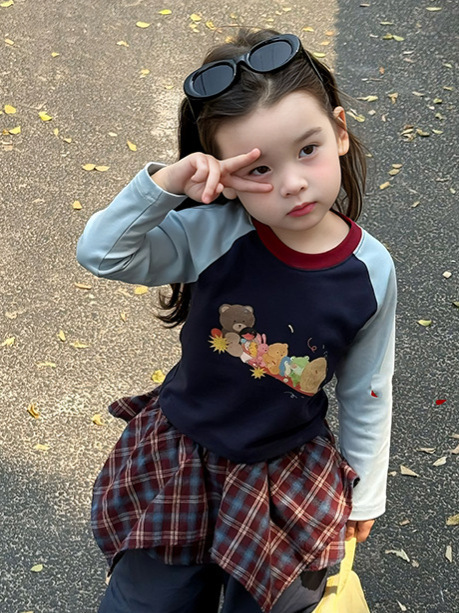 2025女童长袖T恤衫中小童卡通可爱上衣屁帘裤套装|undefined