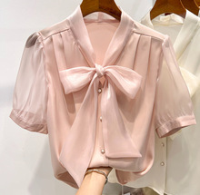 2023新款欧货气质显瘦纯色V领欧根纱系带单排扣短袖雪纺衬衫女夏