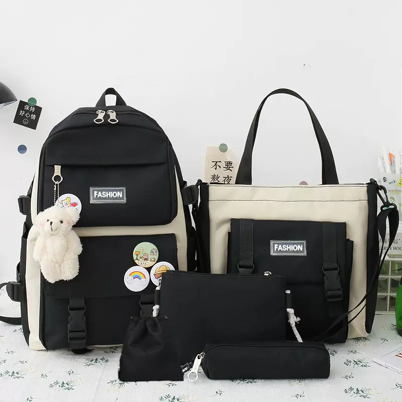 跨境五件套学生书包女小学生初中生高中背包大学生帆布撞色双肩包