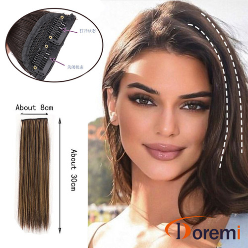 Factory wholesale: Cross-border European and American two-claw straight hair extension pieces, 30cm long, made from high-temperature resistant synthetic fiber.
