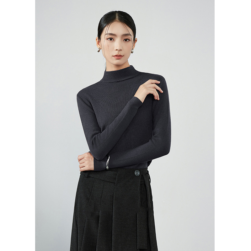 高级感桑蚕丝气质显瘦纯色T桖女2025秋季新款半高领长袖百搭上衣|undefined
