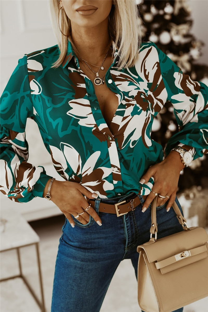 Fashion Flower Polyester Turndown Long Sleeve Regular Sleeve Printing Patchwork Blouse