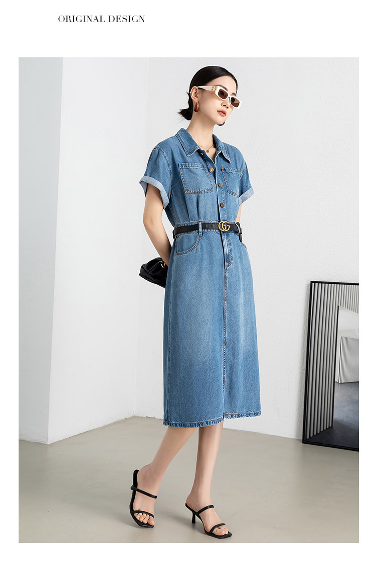 Đầm maxi nữ thắt eo chất liệu denim phối tơ acetate mềm mại, không bí bách — xanh lam chi tiết 13