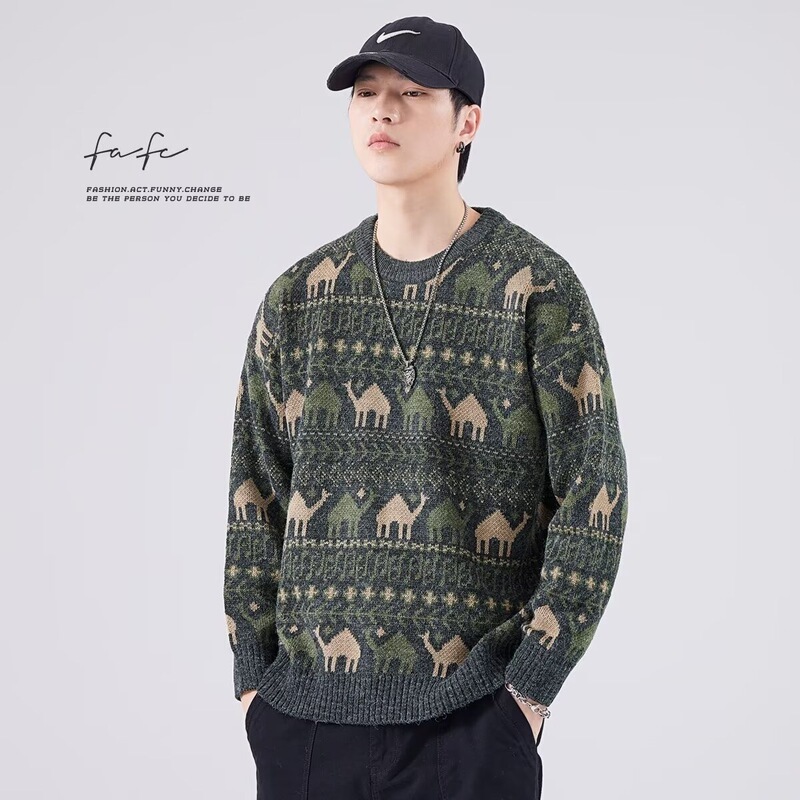 Ethnic style sweater, autumn knitwear for men, round neck, loose fit, long sleeve, base shirt, youth Japanese retro knitwear, trendy Ethnic style sweater, autumn knitwear for men, round neck, loose fit, long sleeve, base shirt, youth Japanese retro knitwear, trendy