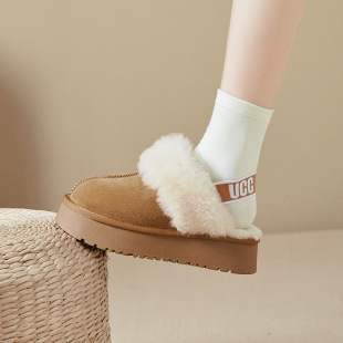 Thick Sole Wool Slippers Women's Outer Wearing Fur One 2024 New Style fleece-lined Thickened Baotou Flat Half-Slip Cotton Shoes for Winter