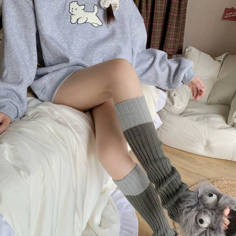 Pile socks knitted socks spring and autumn wool contrast color stitching leg cover simple internet celebrity calf socks warm sheep