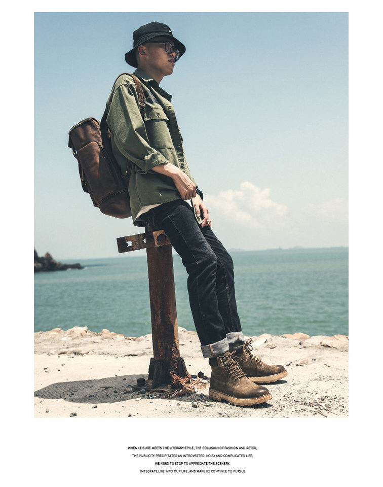 Giày bốt Martin nam da heo lót lông giữ ấm, cổ vừa, đế cao su chống trượt — 79711-R lót nhung kaki, Màu Kaki 79711 chi tiết 8