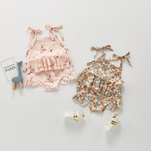 2022 Summer Girl's Lemon Small Floral Sling Baby's One-piece Swimsuit Split Bikini Long-sleeved Harper Swimsuit