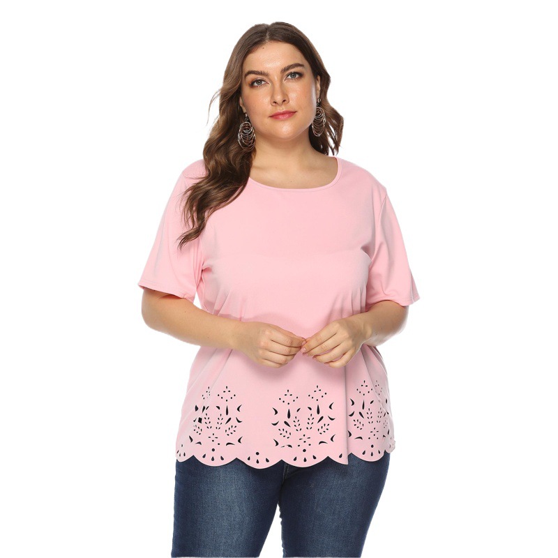 Cross-border Plus tamaño de las mujeres de color sólido quemado flor hueco borde de la onda simple casual cuello redondo Camiseta de manga corta para las mujeres 10019