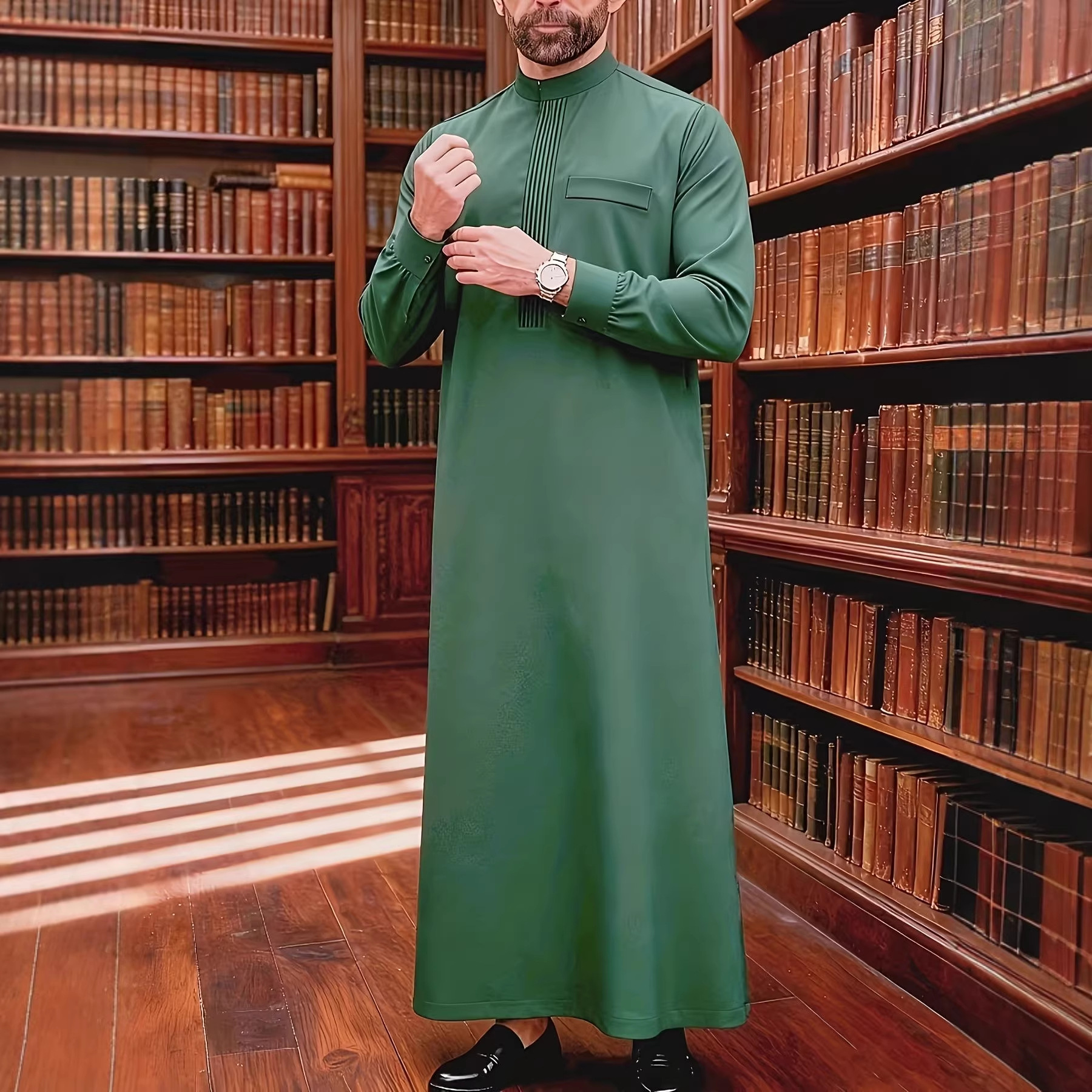 Erkekler için Arapça işlemeli uzun kollu günlük gömlek - Geleneksel Orta Doğu Müslüman kıyafeti, Polyester, S-XXL beden, Yeşil_voghion.com