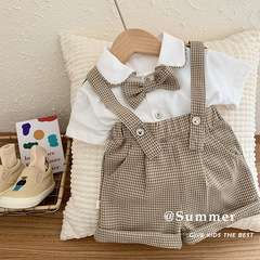 Children's short-sleeved shirt 0-6 years old summer baby fashion bow plaid shirt boy's artistic top CY901