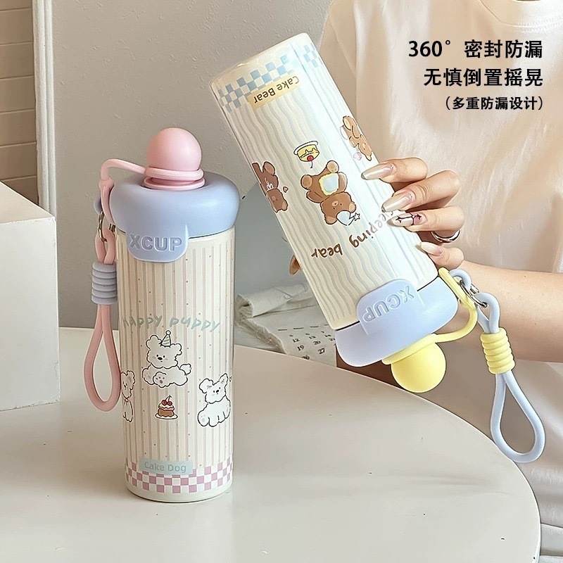 家用316不锈钢浮球保温杯女生高颜值提绳学生上学水杯卡通吸管杯|undefined