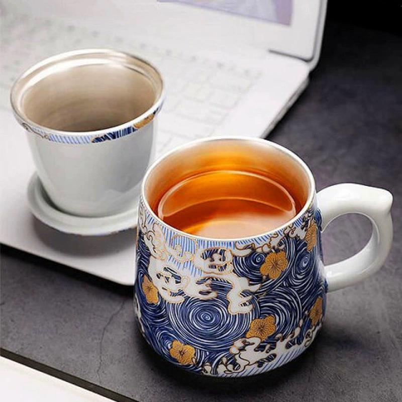 Эмалированная чашка из позолоченного серебра 999 пробы, керамическая чашка для воды, позолоченное серебро, синяя офисная чашка для чая с крышкой и фильтром