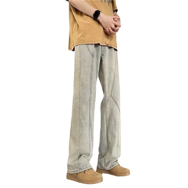 Pantalones retro estadounidenses, jeans teñidos de barro amarillo lavados de la marca de moda de la calle alta, jeans rectos delgados para hombres