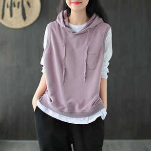 Cotton Hooded Vest Women's Spring and Autumn New T-shirt Women's Loose Pullover Casual All-match Sleeveless Sweater Top Women.