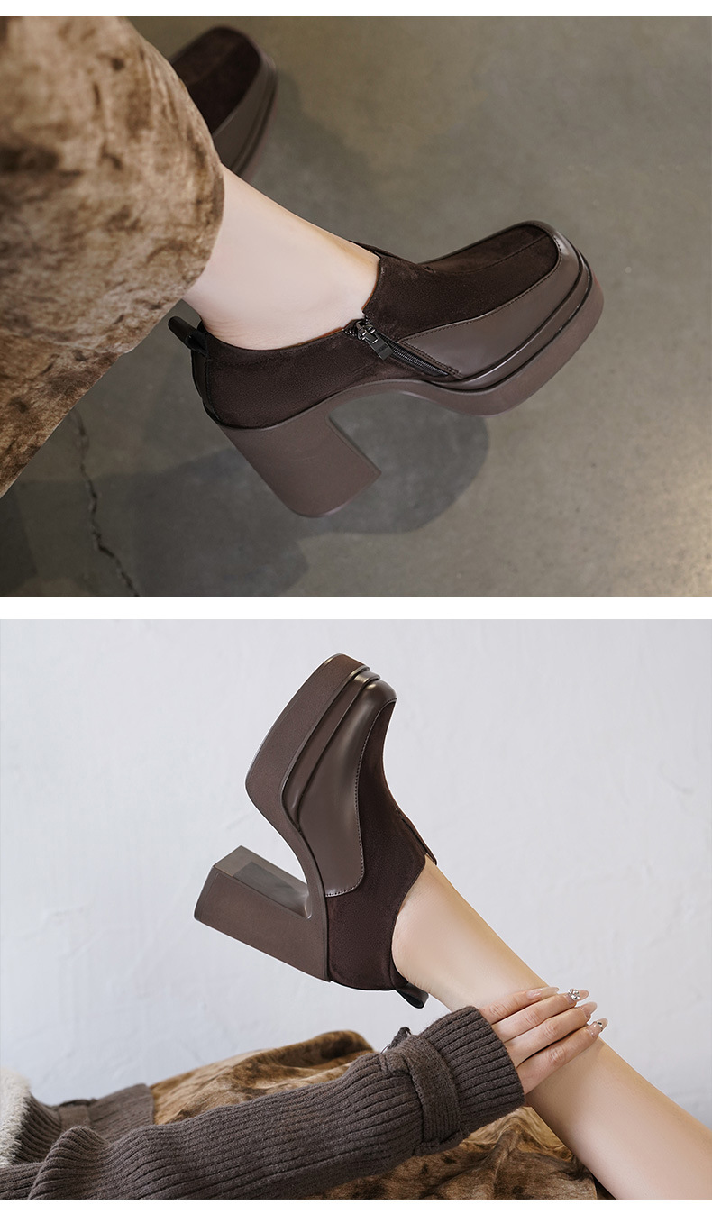 Giày cao gót nữ mũi vuông đế xuồng platform gót vuông 9 cm, phối màu tương phản, form dáng loafer — màu nâu, màu đen chi tiết 6