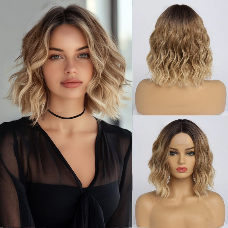 European and American Cross-Border Women's Lace Front Short Curly Wig with Highlights, Water Wave Synthetic Fiber Wig, Xuchang In-Stock