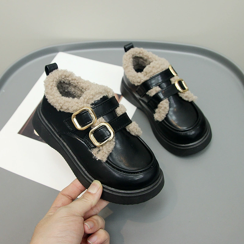 Fleece-Lined Demi-Season Kids Shoes, English/British Style for Princess, Soft Plush Cozy Sole