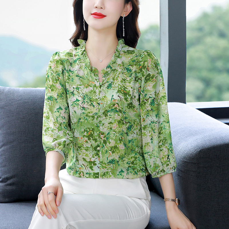 正品真丝衬衫女上衣2025秋夏装新款七分袖印花桑蚕丝妈妈衬衣代发