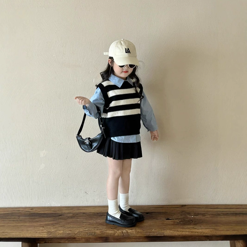 Жилет плиссированная юбка и рубашка с длинным рукавом для девочек весна-осень