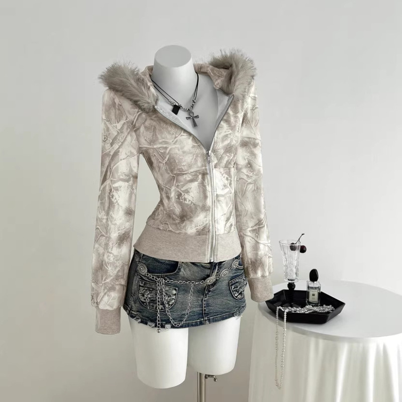 European and American Cross-Border Amazon Autumn and Winter Women's Slim-Fit Fur Collar Y2K Personalized Hooded Zipper Sweatshirt Wholesale