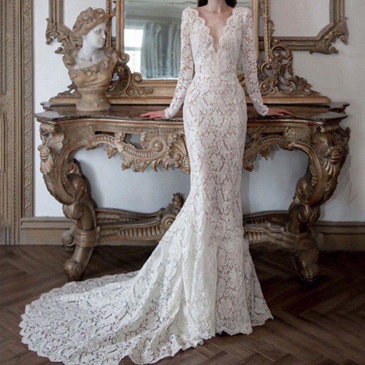 El comercio exterior de encaje francés de cola de pescado ligero vestido de boda 2024 nuevo vestido de novia de encaje de manga larga vestido de alta calidad