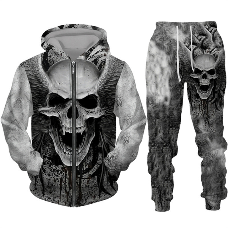 Comercio exterior transfronterizo impresión digital 3D chaqueta con capucha de calavera de terror de dos piezas para hombres europeos y americanos MF08-ML01