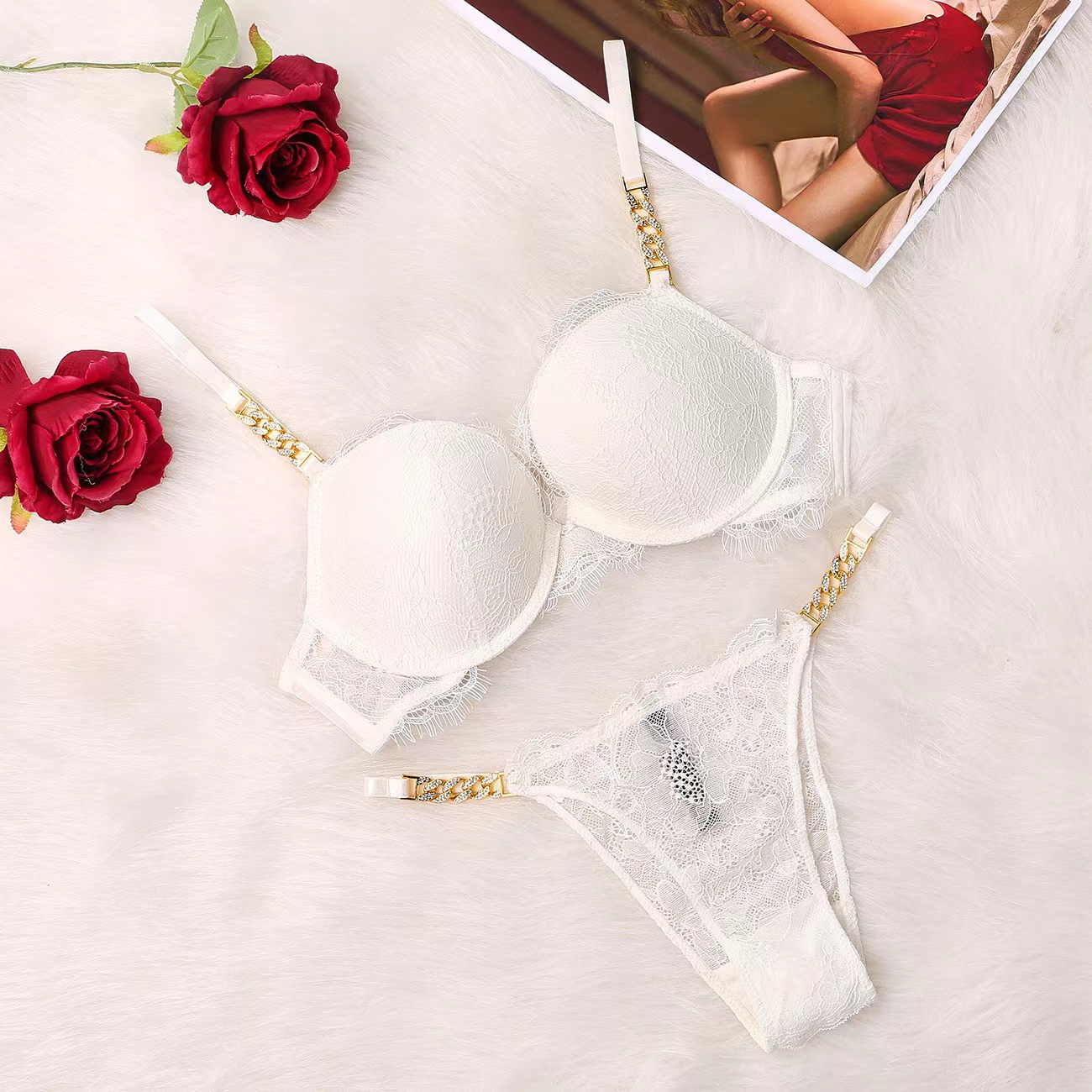 Comercio exterior estilo europeo y americano sexy push up soporte superior ropa interior de belleza las mujeres espalda delgada Correa hombro encaje cadena metal sujetador traje