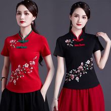 民族风t恤上衣女 新款复古中国风女装盘扣绣花大码广场舞蹈打底衫