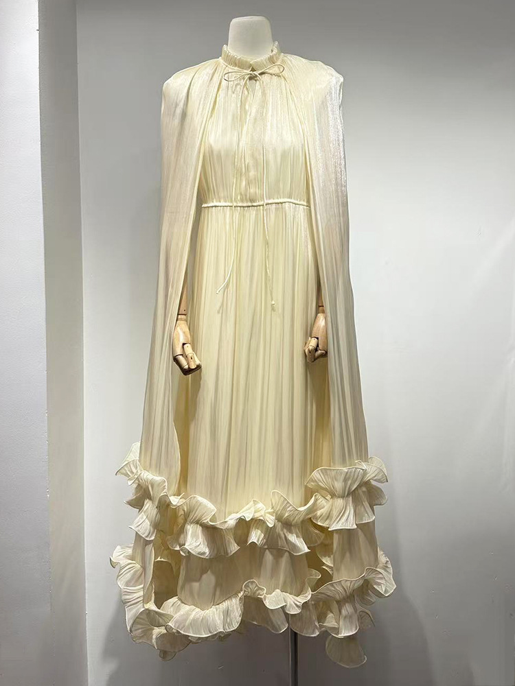 Opera Cape Dress – Double-Layer Ruffle Trim & Empire Waist (Navy/Blush/Chocolate, Polyester Blend, Flowing A-Line Silhouette For Regal Presence)_voghion.com