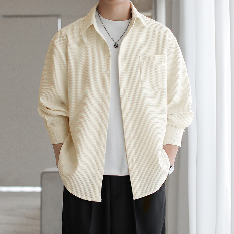 Versión coreana de la camisa de textura para hombres, estilo ligero cocido, suelto, manga larga, suave, ceroso, transpirable, camisa fresca, ropa de trabajo de moda, camisa de pulgadas, marea