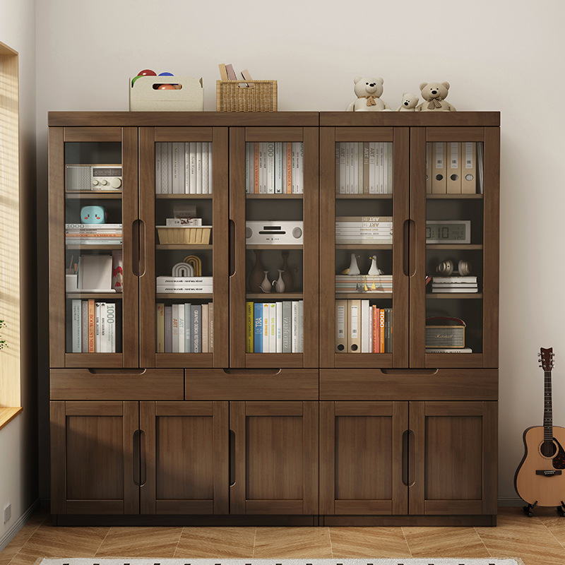 New Chinese Style Solid Wood Bookcase Floor-Standing Study Room Two or Three Door Combination Storage Cabinet Glass Door Bookshelf File Cabinet Storage Cabinet