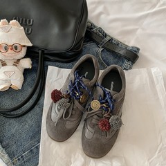 牛皮~葡萄妈同款内增高4.5cm撞色鞋带圆头松果休闲运动鞋女德训鞋