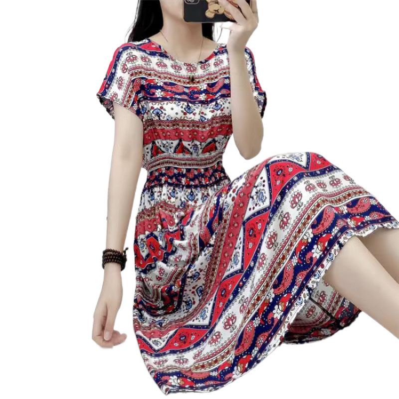Abito da donna etnico in cotone e seta, modellante in vita, snellente, da spiaggia, stile bohémien, a mezza lunghezza, con stampa._voghion.com