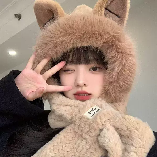 Cute Fox Ears Plush Hat Scarf All-In-One Women's Autumn and Winter Hat Scarf Cycling Thickeneded Warm Ear Protection Hat