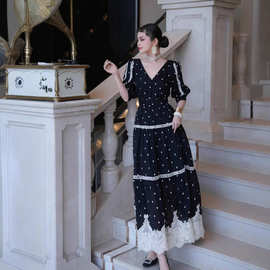 法式2025春夏季新款女装V灯笼中袖时尚波点拼摆蕾丝大摆仙女裙