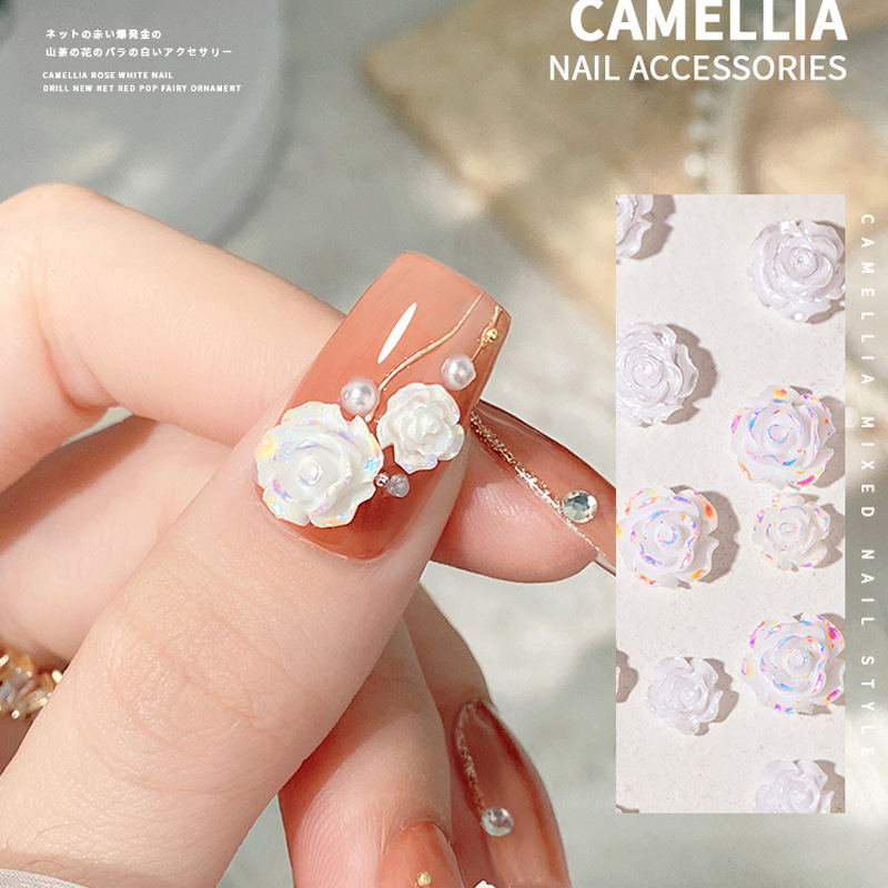 Camellia flower nail accessories mixed with white rose petals, pearl decoration, aurora nail enhancement, diamond mesh, and popular accessories