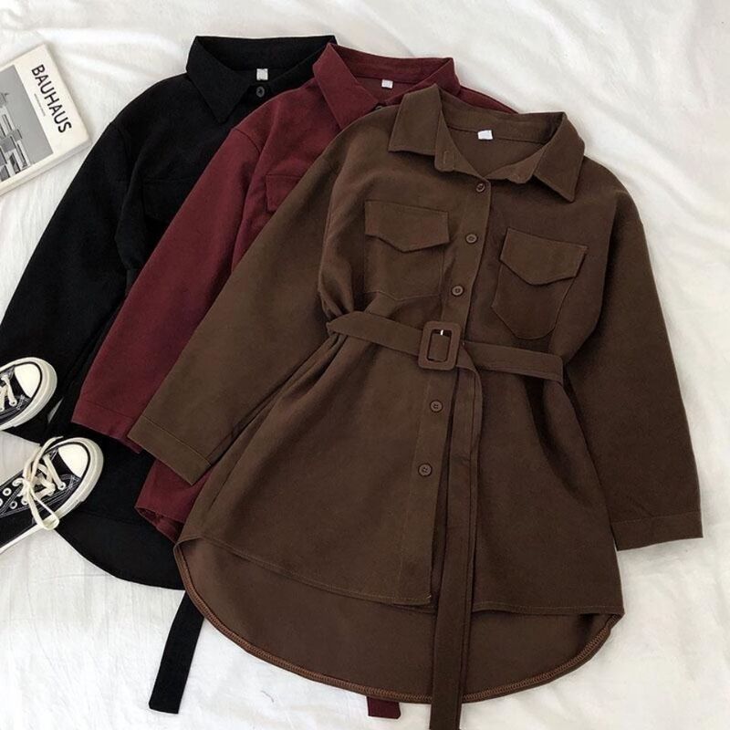 Corduroy Shirt Women's Single-Breasted Collar 2025 Spring & Fall Korean Style Loose Mid-Length Shirt Dress Jacket