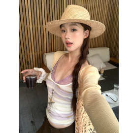 吊带背心女夏外穿露背蕾丝紫色条纹无袖上衣女
