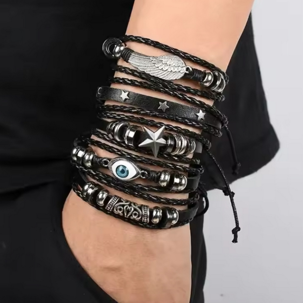 Diy Leather Bracelet Weaving Kit For Men With Skull And Star Beads_voghion.com