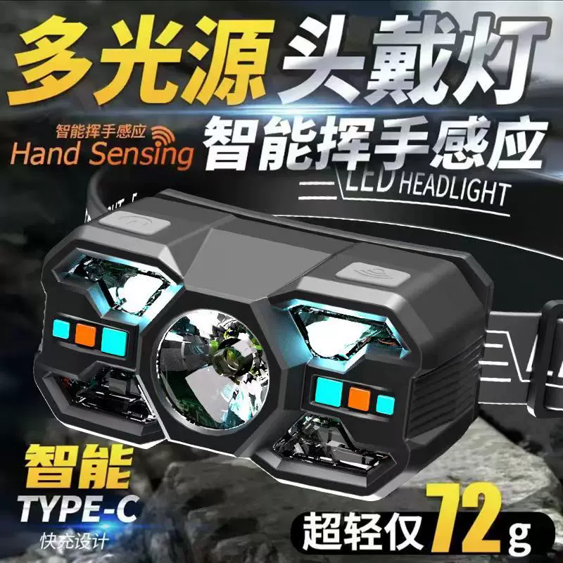 €感应头灯钓鱼远射专用超轻头戴式超长续航强光充电超亮户外轻巧