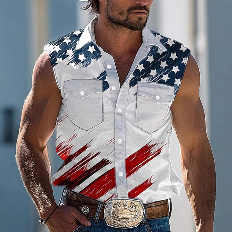 2026 European and American Cross-Border 3D Printed Independence Day Sleeveless Pocket Shirt Men's Turn-Down Collar Shirt Vest Shirt