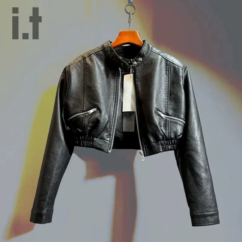 American-style motorcycle black short zipper leather jacket for women, autumn new fashion chic petite leather jacket