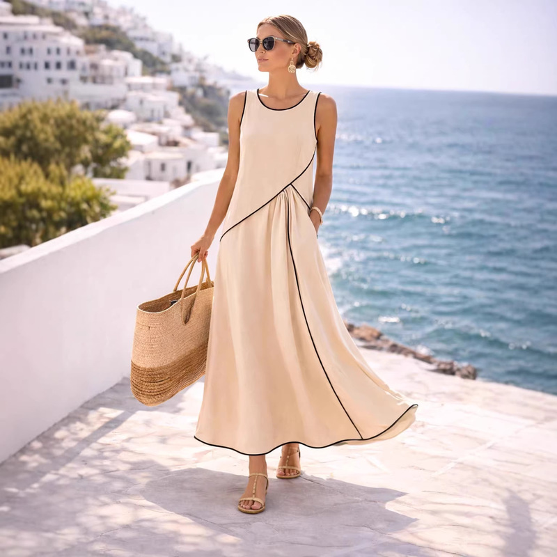 2026 Independent Fashion Women's Mediterranean Resort Style Dress with Color-Block Trim A-Line Skirt Beach Vacation Dress 2026 Independent Fashion Women's Mediterranean Resort Style Dress with Color-Block Trim A-Line Skirt Beach Vacation Dress
