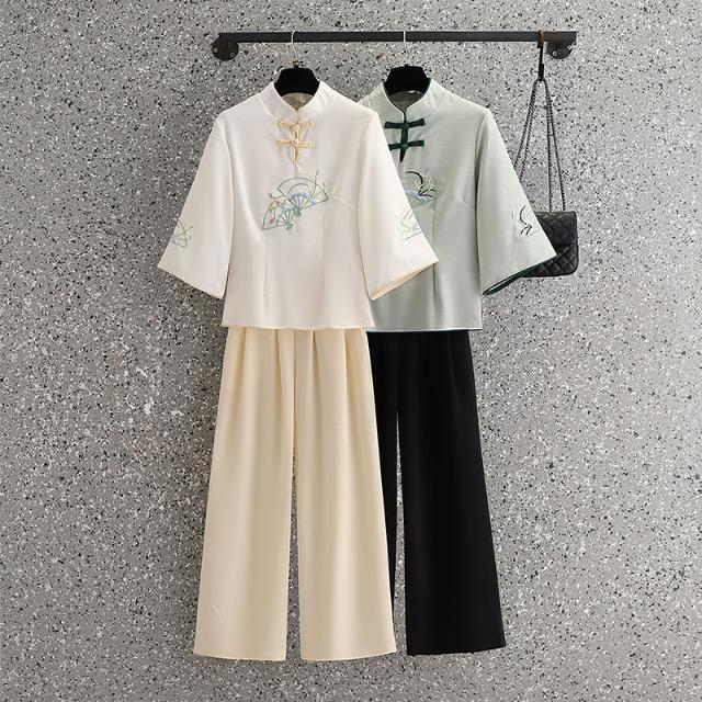 Republic of China style stand-up collar plus size slimming Tang suit with Chinese embroidery retro temperament wide-leg pants two-piece set for summer