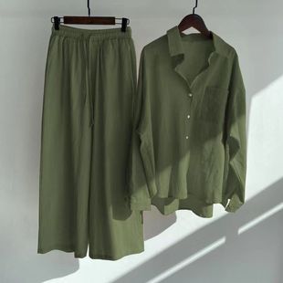 2025 Cross-Border Amazon Women's Retro Plus Size Cotton and Linen Shirt Suit High Waist Loose Pants Two-Piece Set for Women