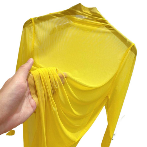Sheer Transparent Mesh Base Top for Women, Summer Long-Sleeve T-Shirt, Layering Gauze Shirt, Half-Neck Sun-Protection Top