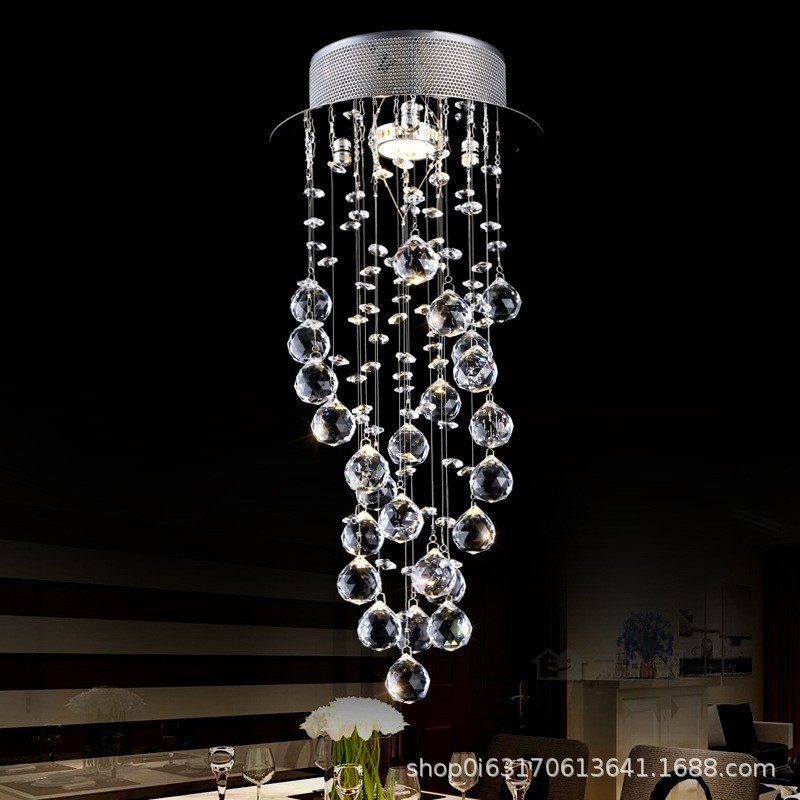 European-style simple crystal chandelier Villa living room long chandelier LED rotating staircase lamp chandelier
