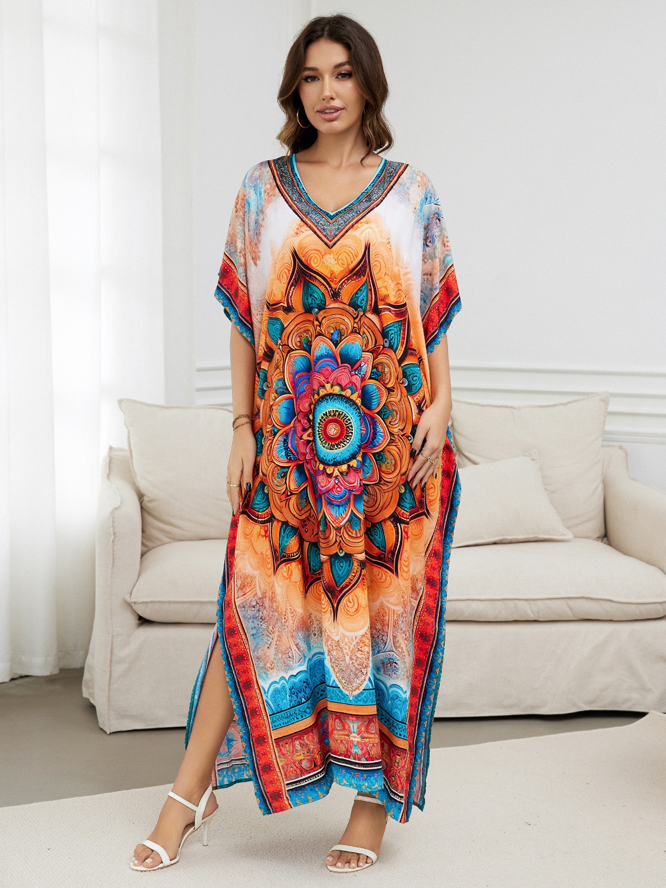 Rochie de plajă lungă kimono dama boho viscoză tie-dye_voghion.com